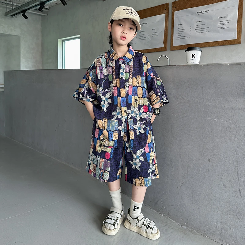 男童夏季冰感短袖衬衫套装2025新款青少年儿童夏装薄款宽松两件套