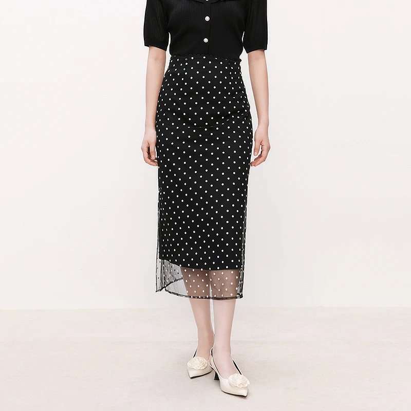 【商场同款】25新浪漫波点珂莱蒂尔气质高腰时尚秋季黑色显瘦半裙
