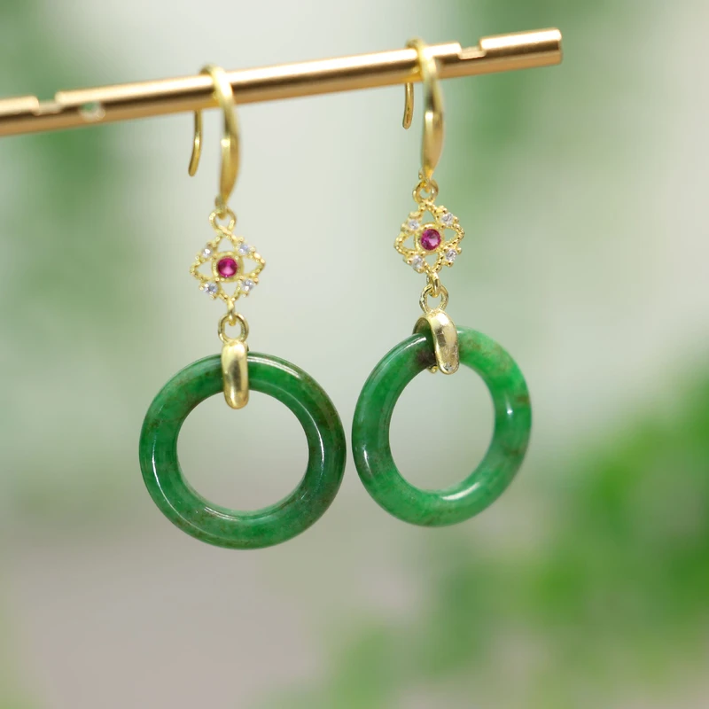 #F489老坑满色辣绿天然A货翡翠小环耳坠耳环耳钩款 S925银镶嵌