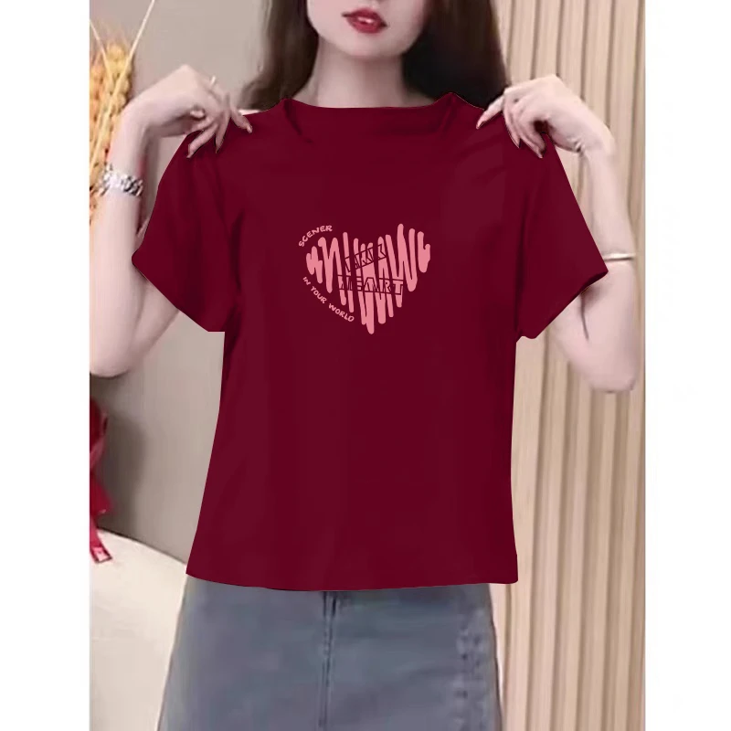 正肩红色短袖t恤女士夏季爱心印花修身半袖上衣胖mm大码显瘦体恤