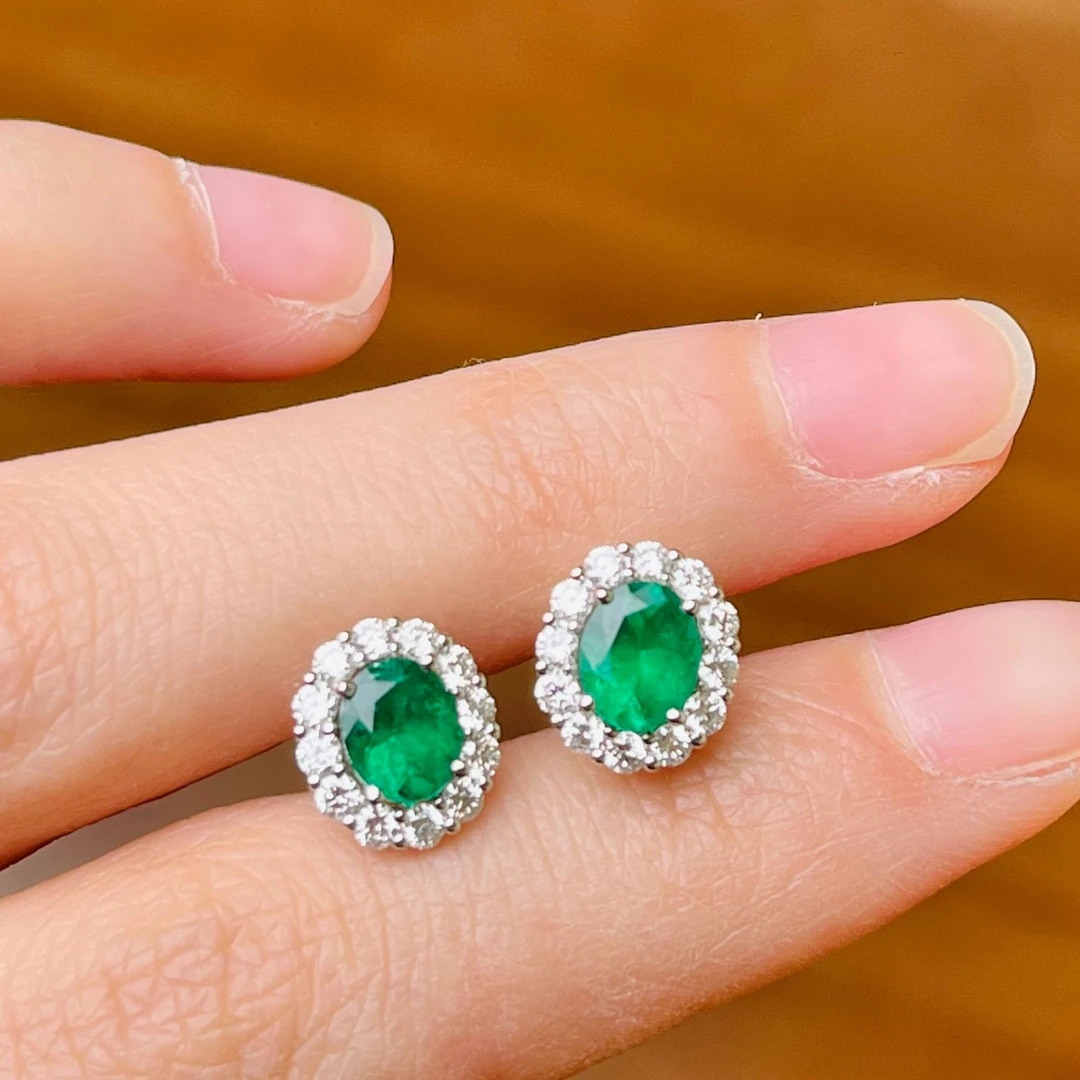 如苑珠宝18K金祖母绿耳钉0.68+0.62ct/GRS/木佐/微油/哥伦比亚