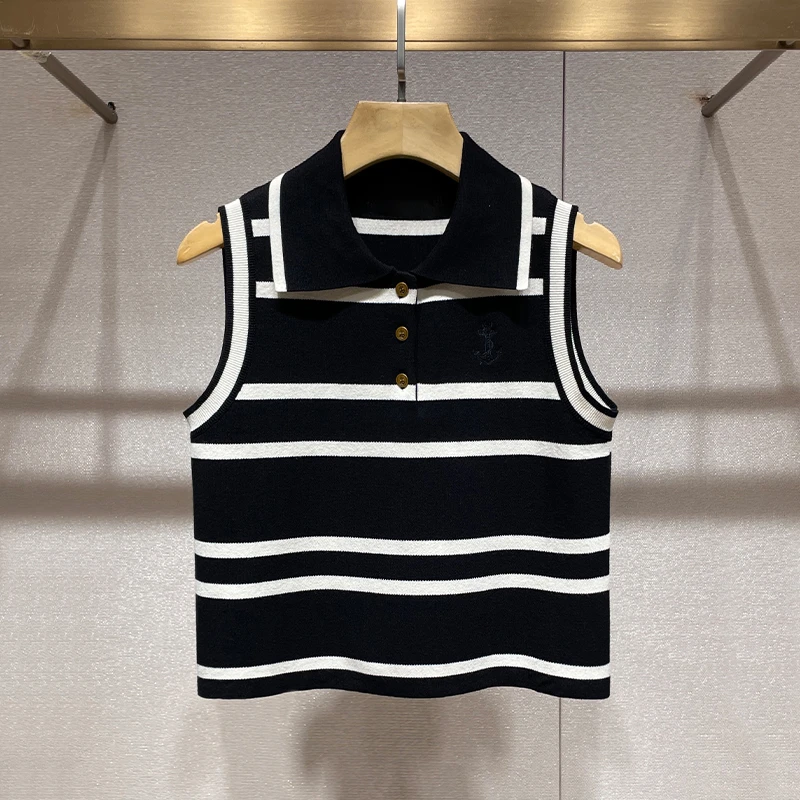 无袖上衣女夏2024新款黑白撞色条纹针织背心法式百搭减龄别致小衫