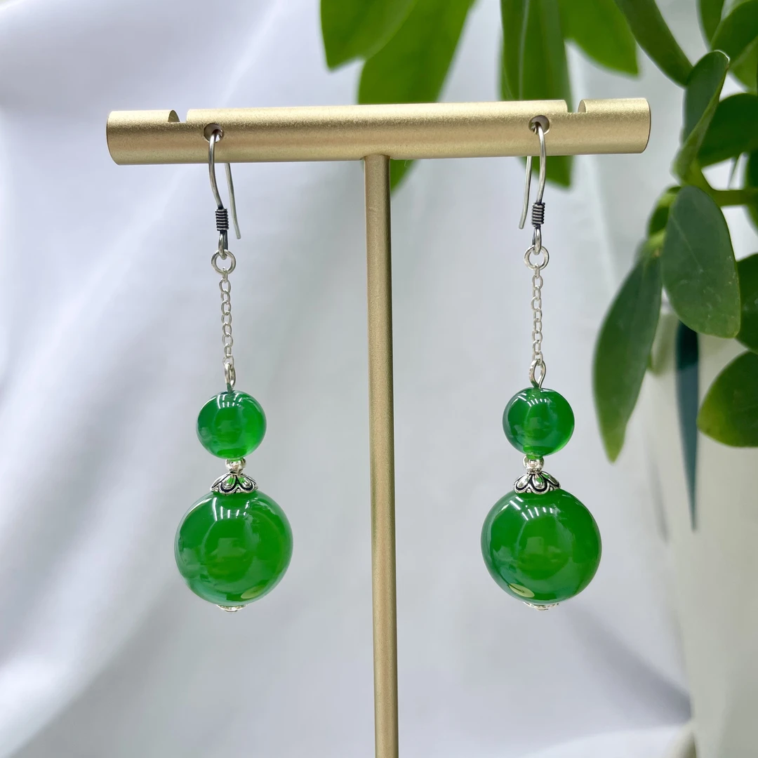 s925银天然绿玛瑙耳坠女款玉髓圆珠子养耳洞新中式绿色玉石耳饰19