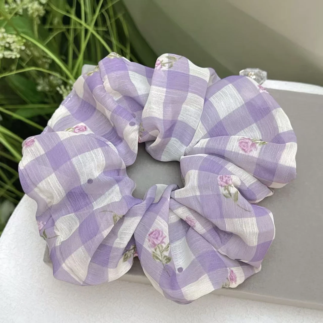 新款时尚韩系紫色格子纱纱发圈2027