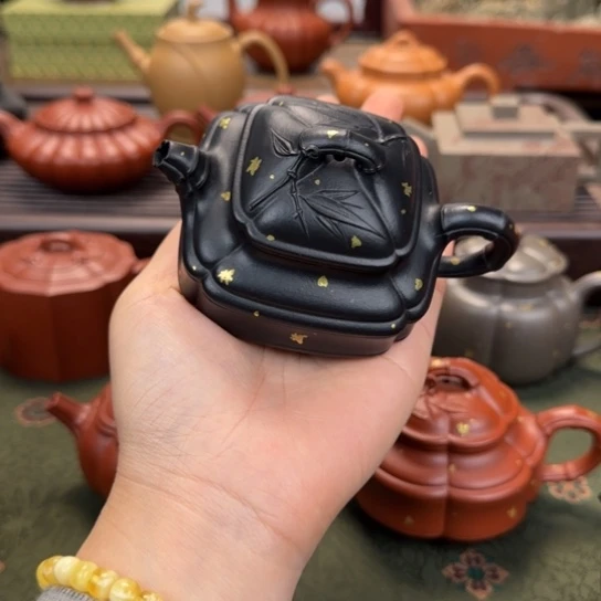 紫砂茶壶宜兴紫砂四方竹鼓焐灰洒金