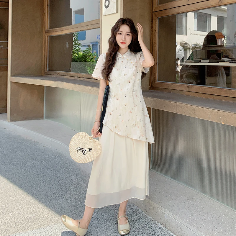 米白色连衣裙女2025夏季新款新中式国风温柔假两件拼接改良旗袍裙