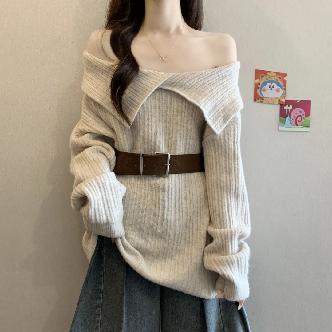 高级一字肩翻领长袖毛衣女秋季2025新款大码胖mm宽松慵懒针织上衣