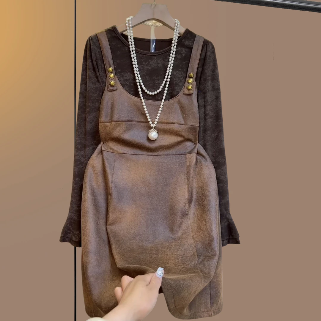 早秋季大码女装胖妹妹大版遮肉显瘦宽松百搭减龄长袖咖色两件套