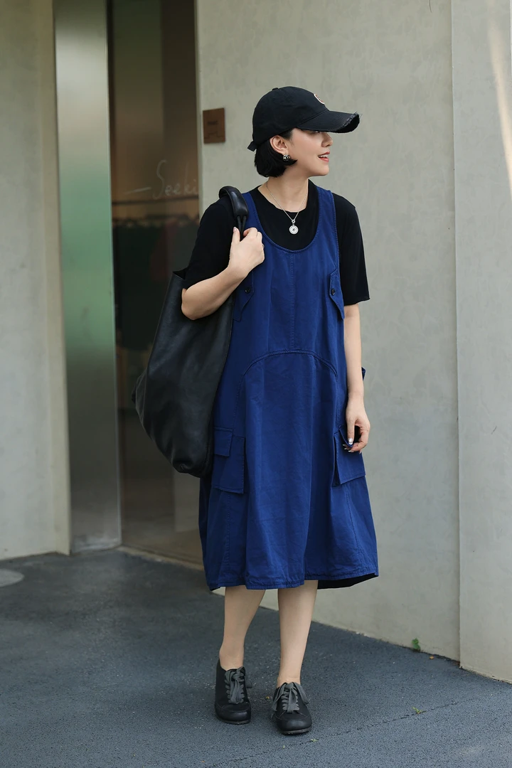Li Wang/里望设计师款 日本进口全棉  多口袋工装设计背心连衣裙