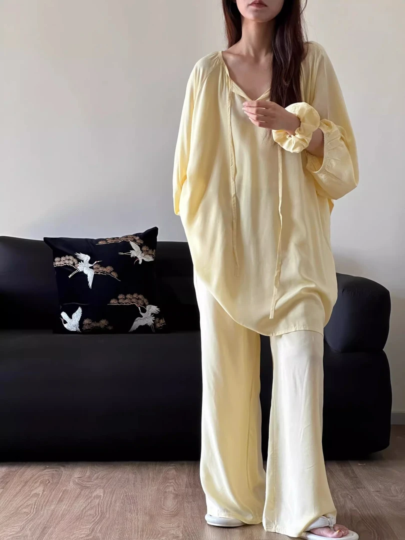 韩版奶黄色长袖长裤睡衣套装女士春秋款大码舒适棉绸休闲家居服夏