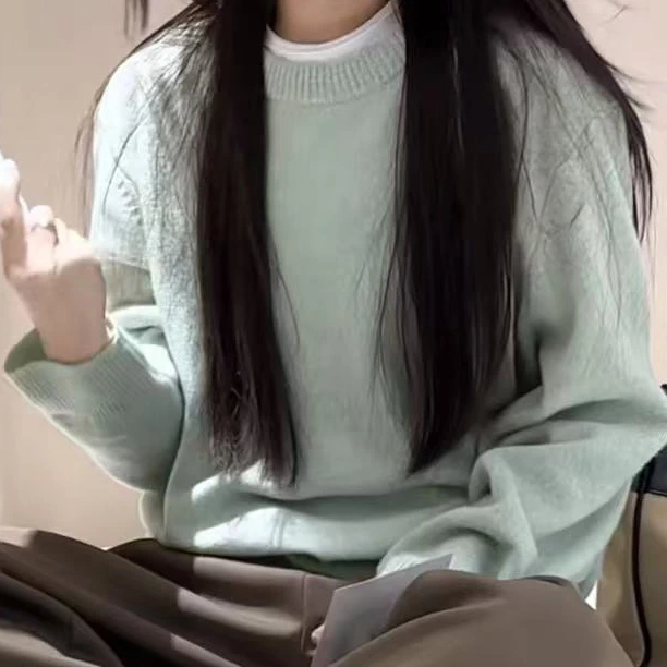 2025纯色圆领套头冬季针织毛衣针织衫宽松秋冬慵懒风休闲长袖上衣