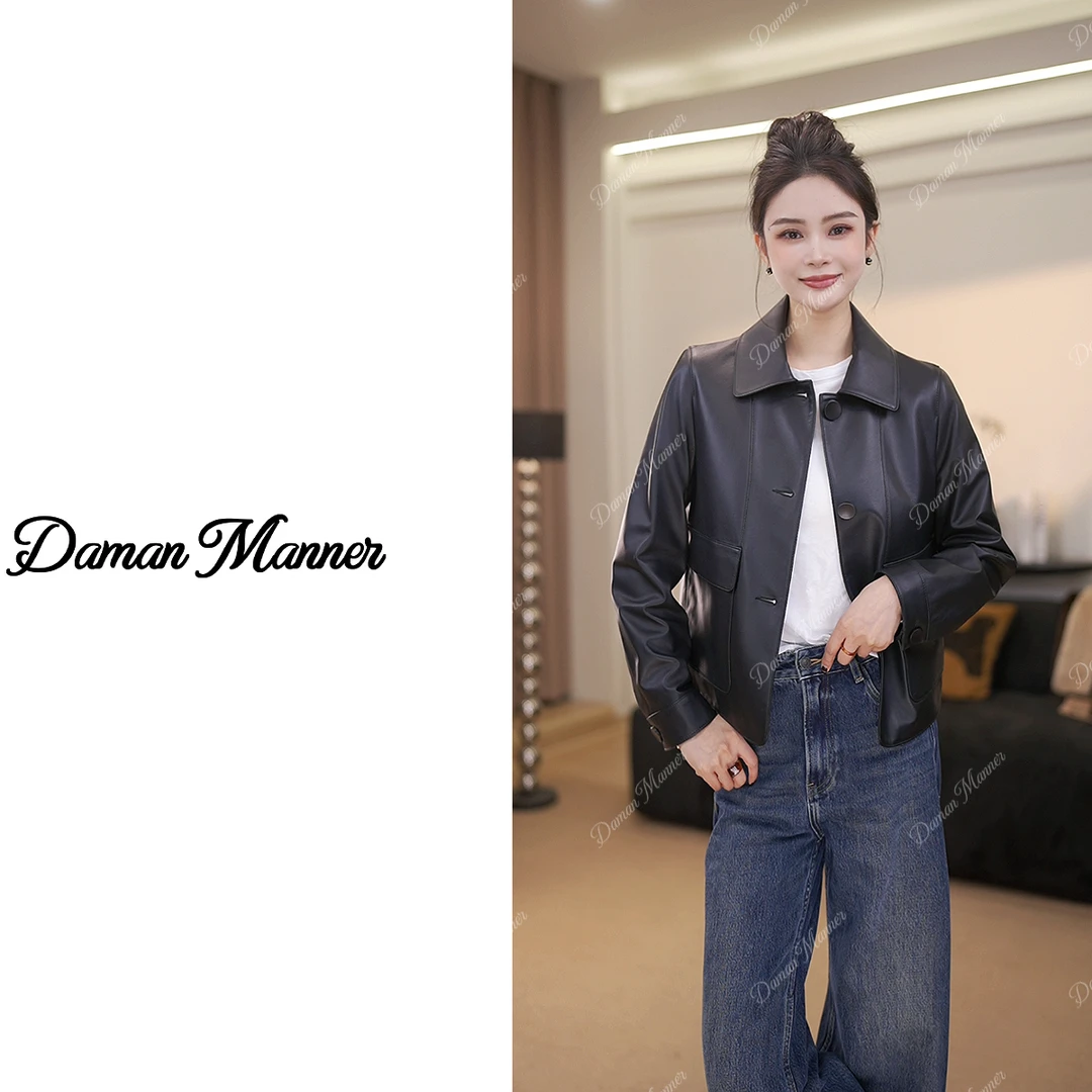 DAMAN | 高定小羊皮纯色真皮皮衣女士外套韩版夹克春秋款91776-1