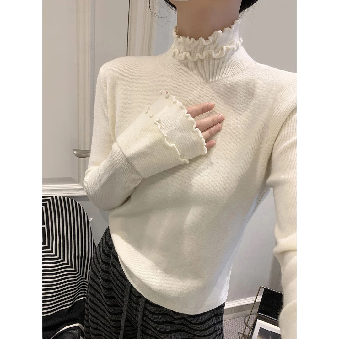 别致纯色花边半高领针织衫2025秋冬套头打底衫毛衣长袖亲肤上衣女