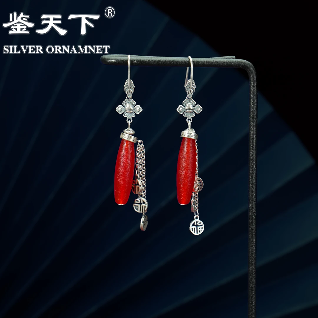 925银耳饰 [鉴天下]复古磨砂长桶珠福字流苏耳饰07420066气质