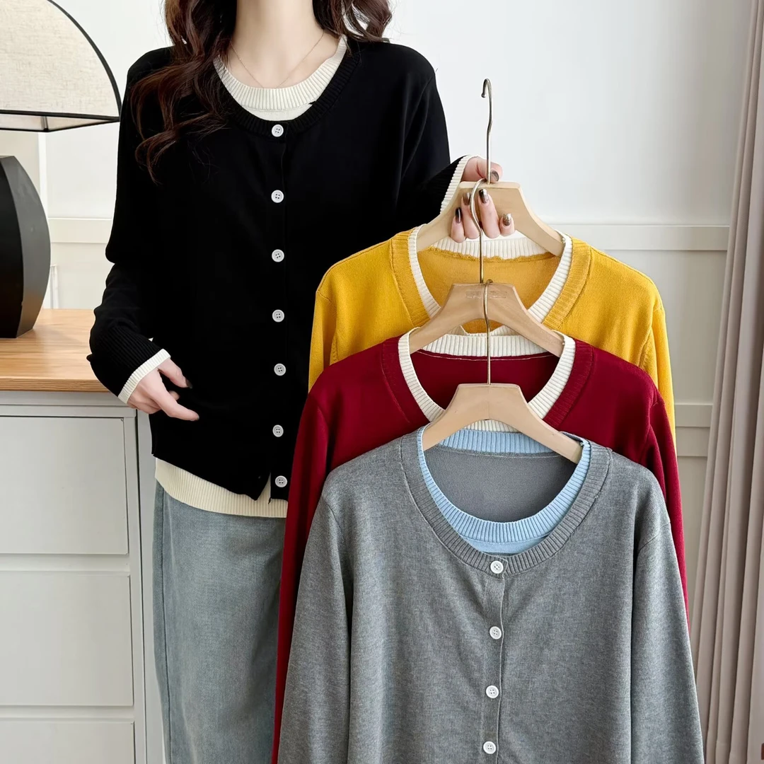 大码苹果型针织衫女装秋冬新款上衣圆领拼接假两件打底衫显瘦百搭