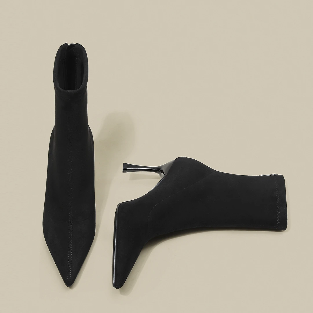 Moleubak尖头高跟短靴女秋冬细跟黑色绒面袜靴弹力瘦瘦靴女8cm