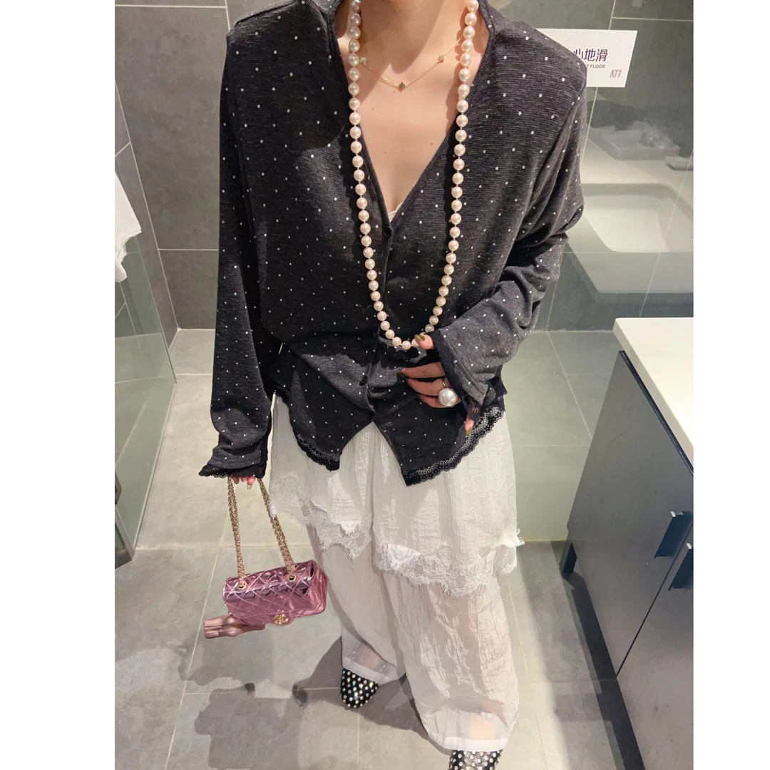 韩系气质系带波点打底衫女舒适百搭拼接蕾丝花边大版宽松长袖上衣