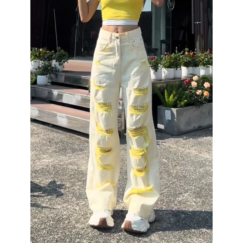 多巴胺黄色破洞牛仔裤女2025夏季新款高腰显瘦阔腿裤宽松拖地裤子