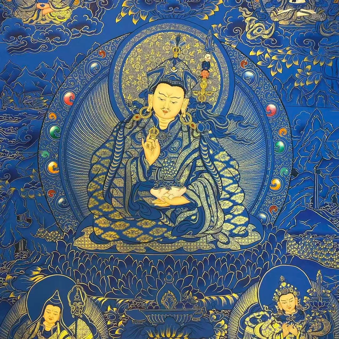 蓝金唐卡多尊75*50尺寸精品莲花生大师客厅装饰居家悬挂纯手绘