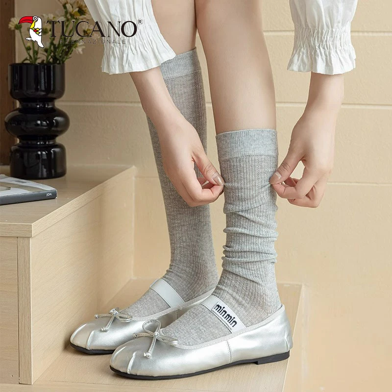 TUCANO芭蕾风小腿袜子女夏季薄款棉袜网眼透气灰色长袜无骨堆堆袜