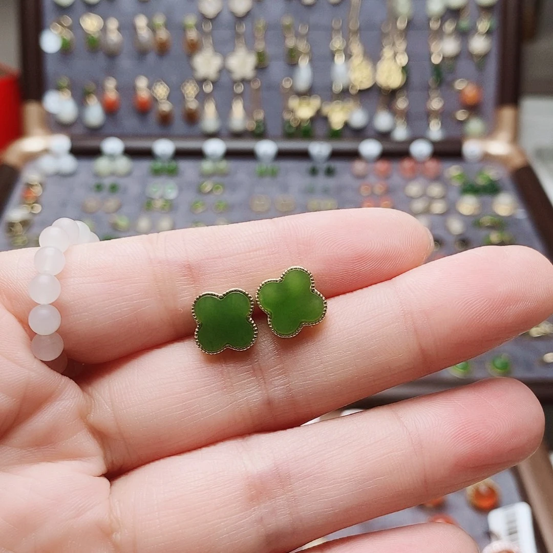 和田玉银S925镶嵌耳饰