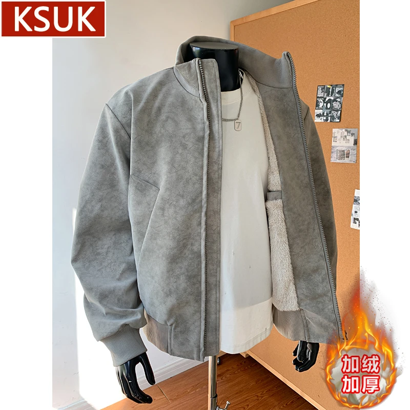 KSUK美式扎染加绒加厚夹克男外套冬季宽松潮流百搭保暖棉衣pu皮衣