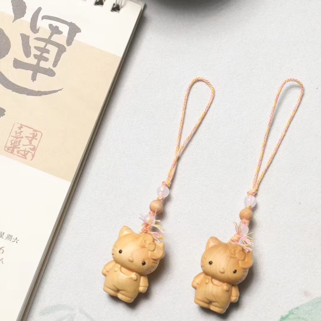 崖柏木雕粉色系KT猫挂件创意女生手机包包钥匙扣装饰品