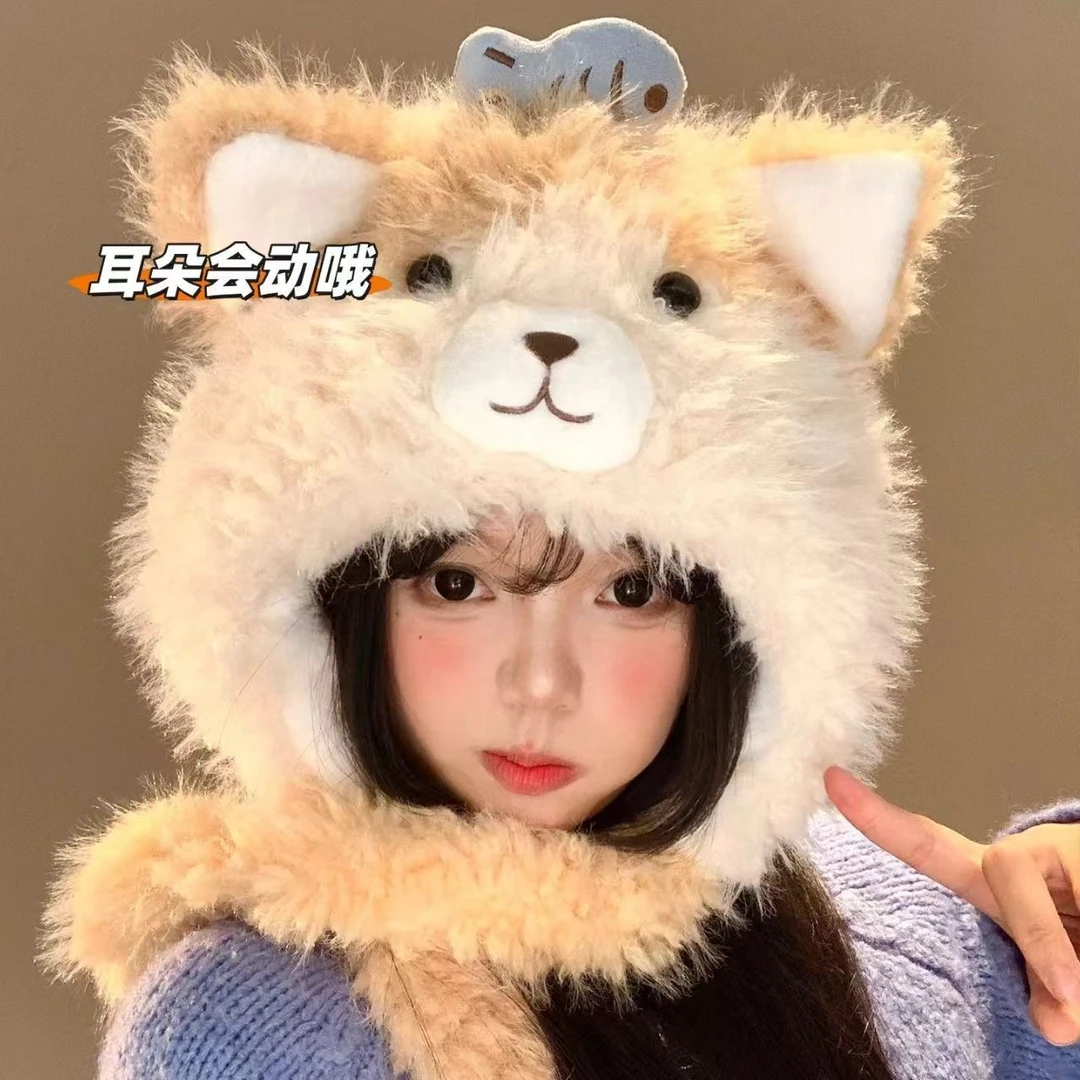 可爱卡通小鱼猫咪耳朵毛绒帽子女秋冬季显脸小保暖防寒加厚护耳ww