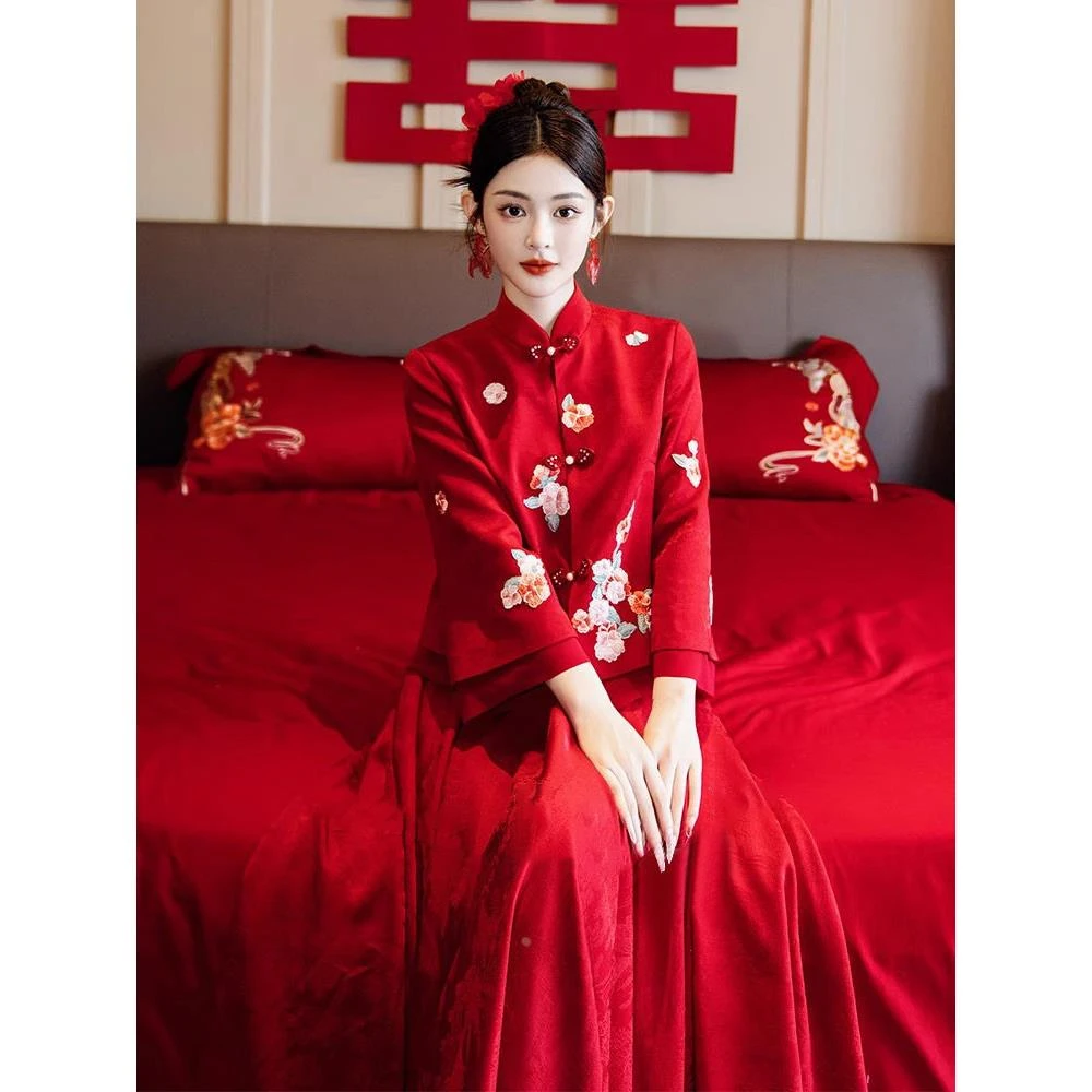 敬酒新娘服20中式新25新款结婚订婚红色礼服裙女出阁改良旗袍套装