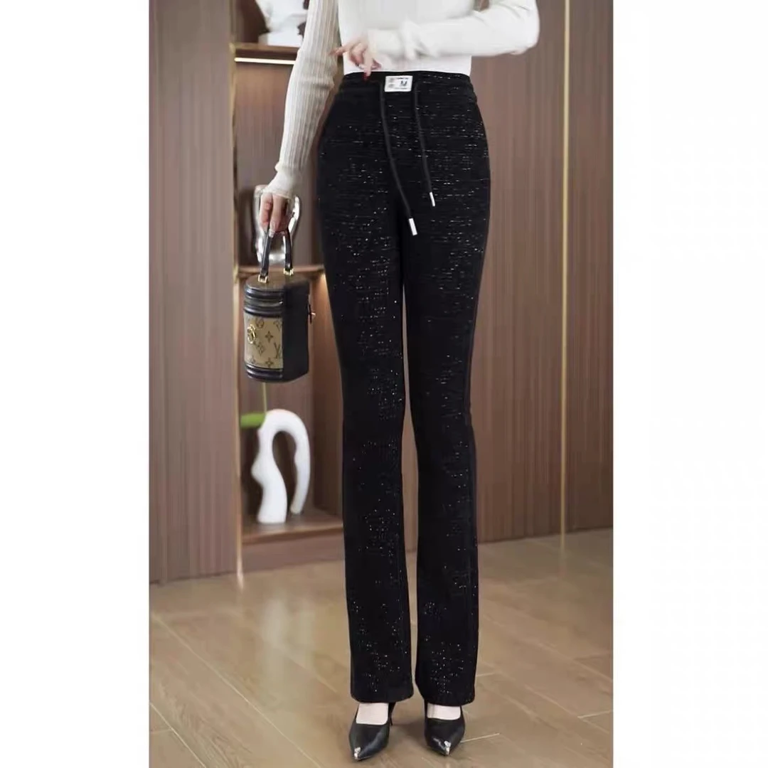 【素境】897黑色银丝加绒喇叭裤加厚松紧腰抽绳显瘦微喇直筒裤（4）