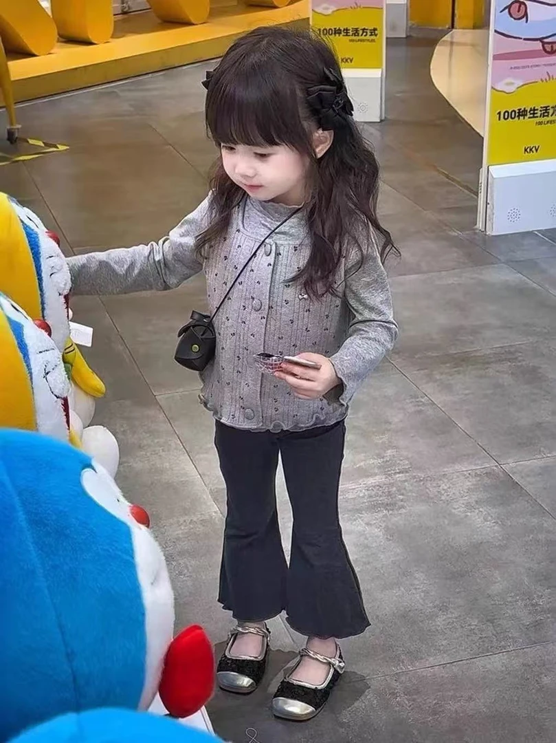 【三件套】女童秋季新款碎花马甲套装儿童长袖打底衫喇叭裤三件套潮