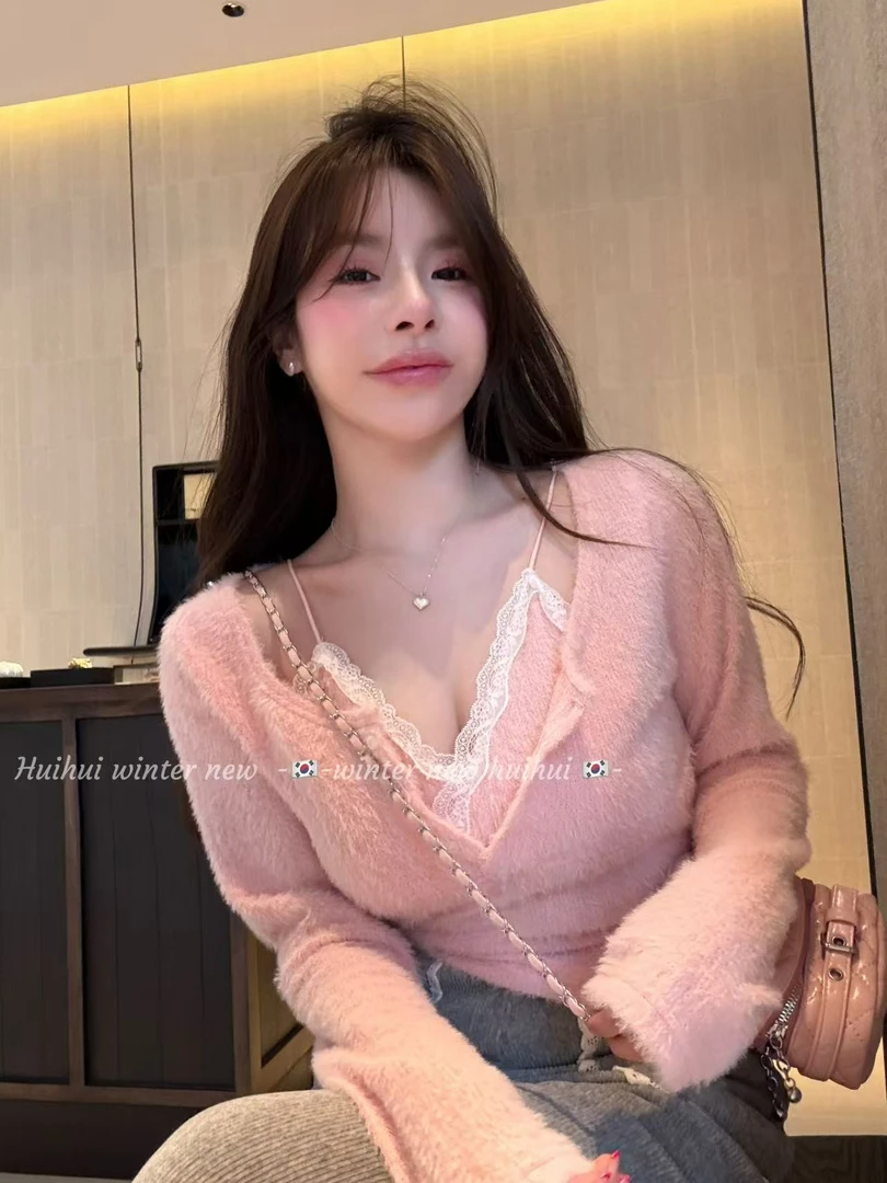 【HuiHui】东大门定制秋冬蕾丝韩系纯欲气质假两件上衣（D0286）