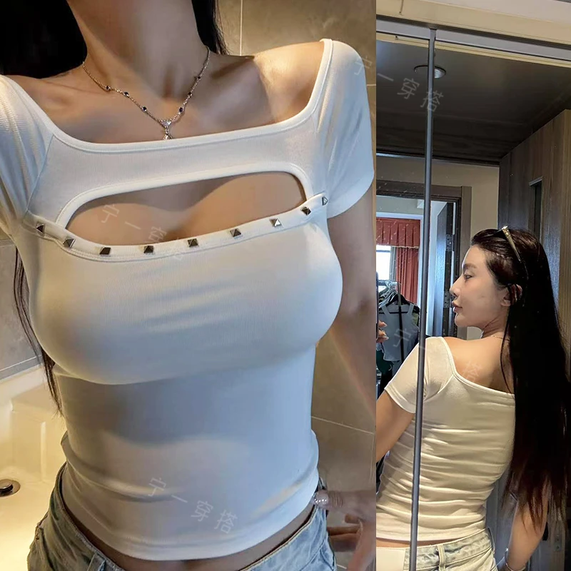 NY7060 辣妹风镂空性感短袖t恤女夏季修身订珠上衣宁一带胸垫体恤