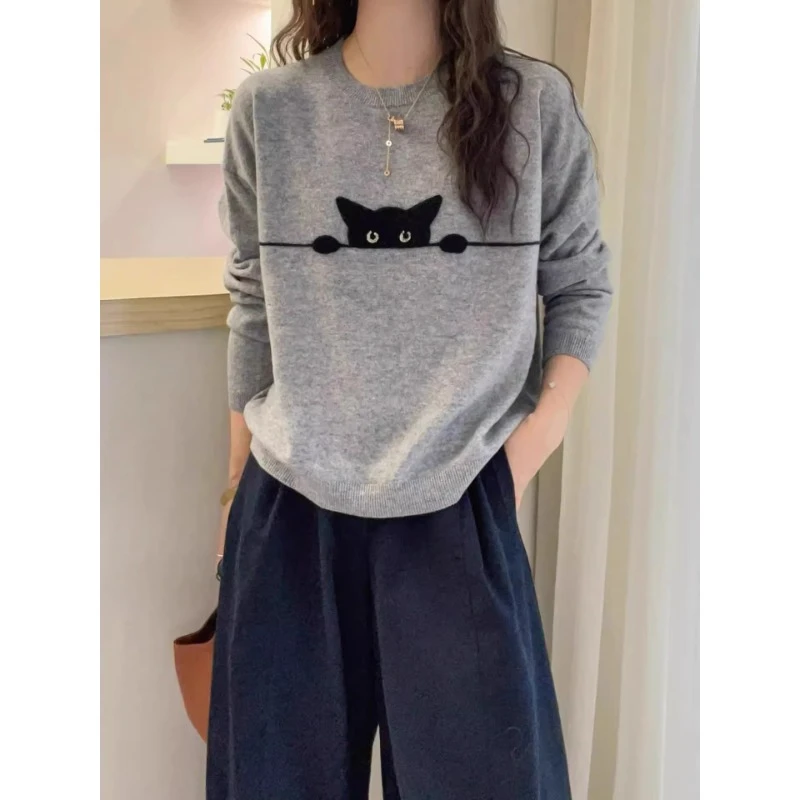 芊芊芙灰色卡通猫咪提花圆领毛衣女秋冬款宽松显瘦百搭针织衫上衣