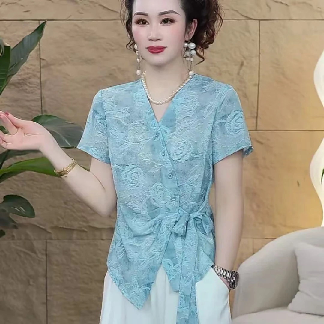 夏季新款女士上衣时尚洋气不规则气质短袖百搭V领显瘦开衫短袖T恤