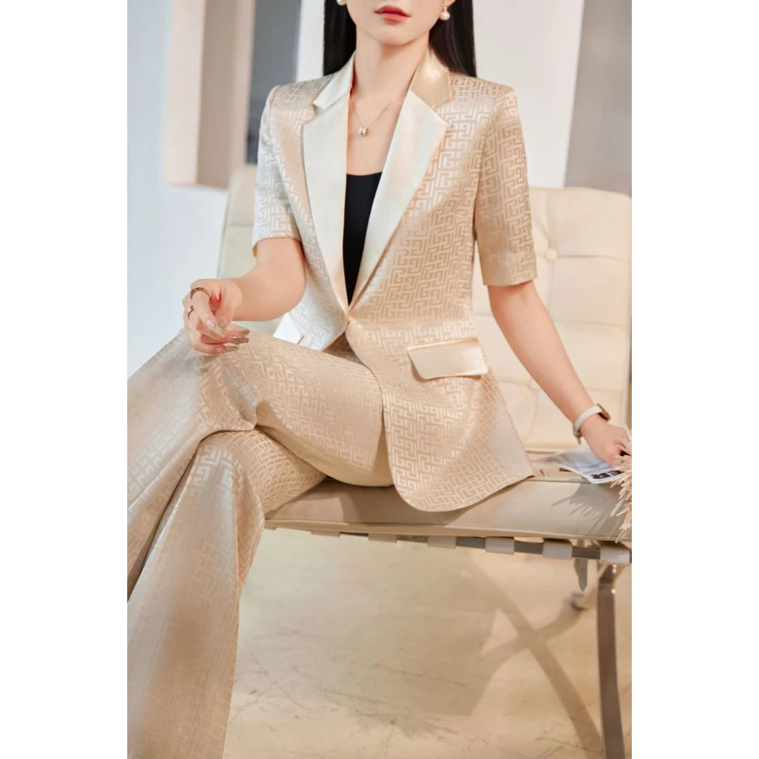 330西装外套职业套装女薄款高级感香槟色短袖休闲西服两件套时尚