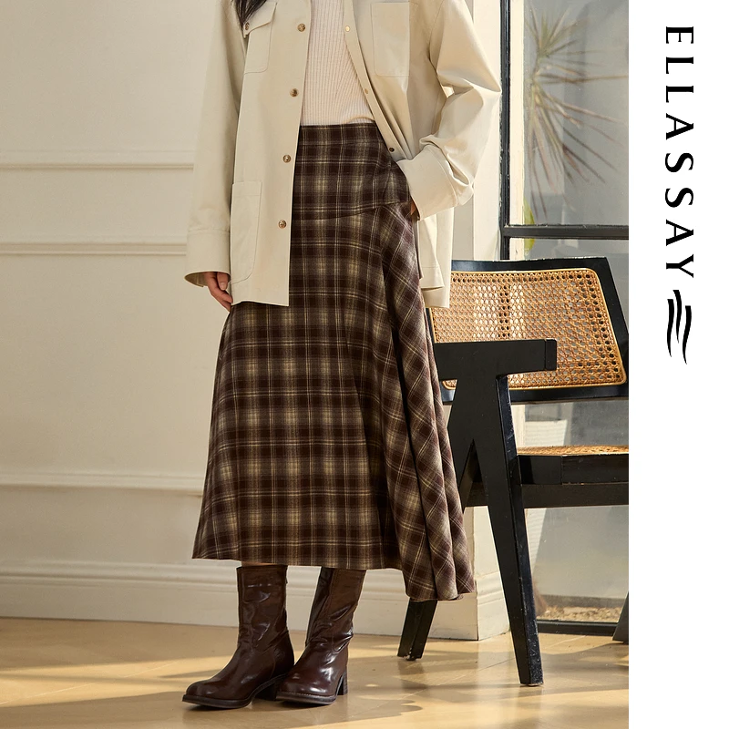 ELLASSAY歌力思2025秋季新款经典格纹A字半身裙女EWB363Q01000