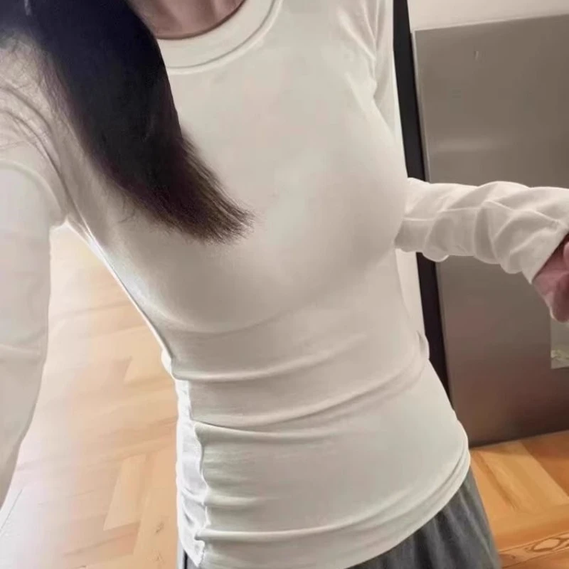 韩系圆领正肩长袖t恤女冬季德绒磨毛保暖内搭打底衫长袖加绒t恤