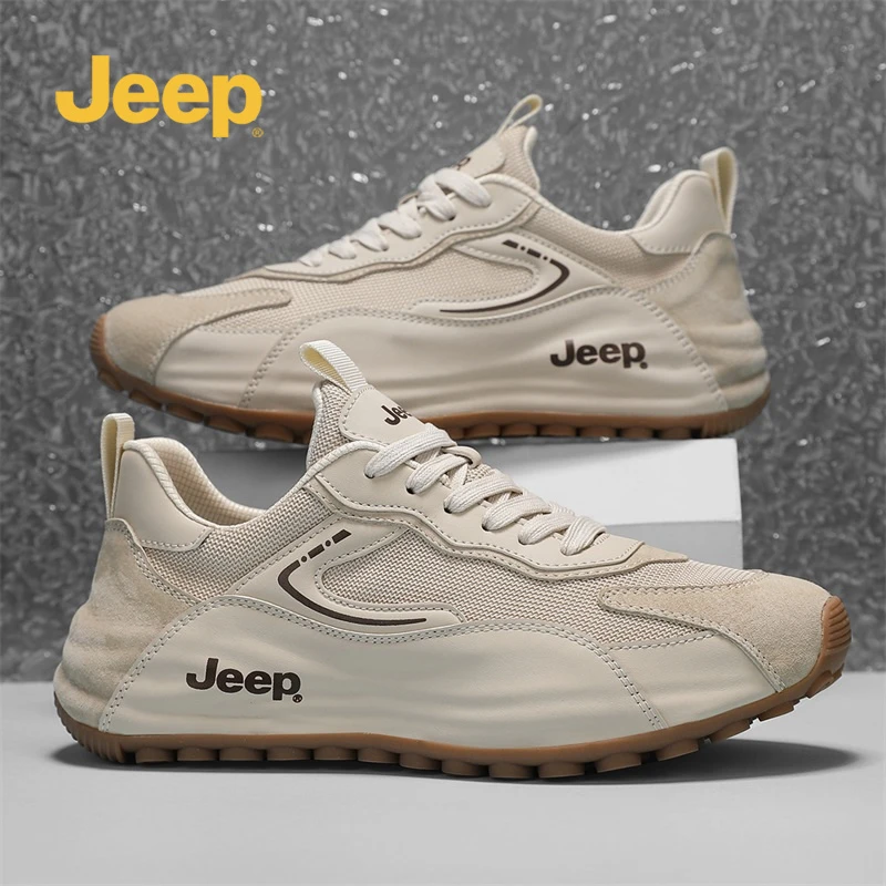 Jeep吉普男鞋时尚真皮潮鞋2025新款网面透气舒适休闲运动阿甘板鞋