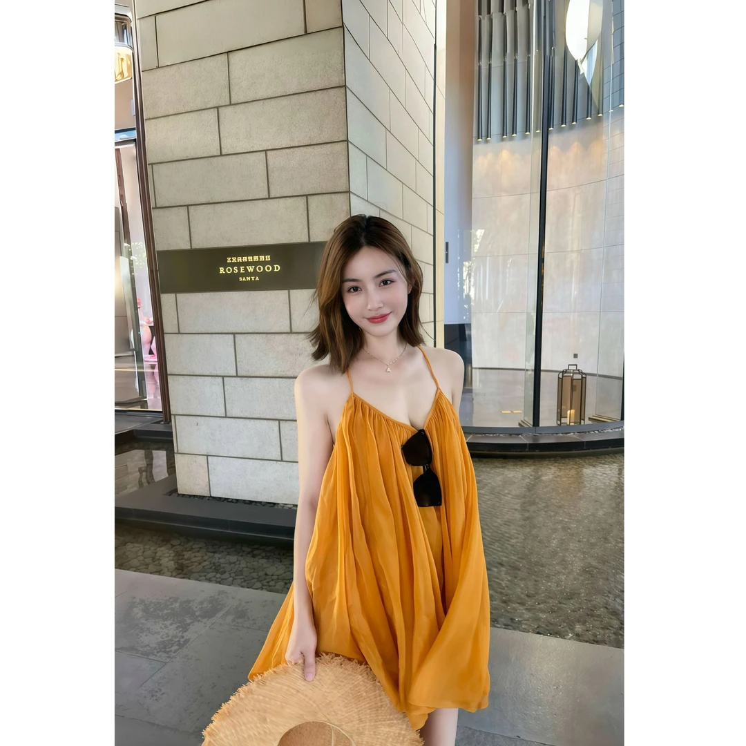 法式度假风2025夏季新款ins性感V领纯欲露背挂脖吊带雪纺上衣