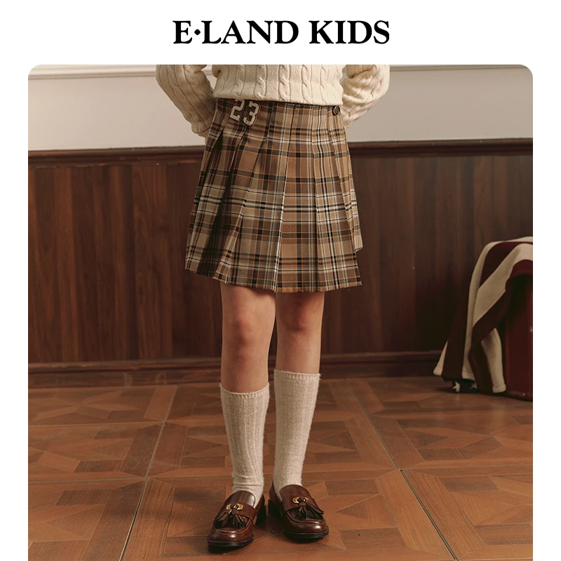 E·LAND KIDS衣恋童装女童百褶短裙春秋休闲学院风复古格纹半身裙