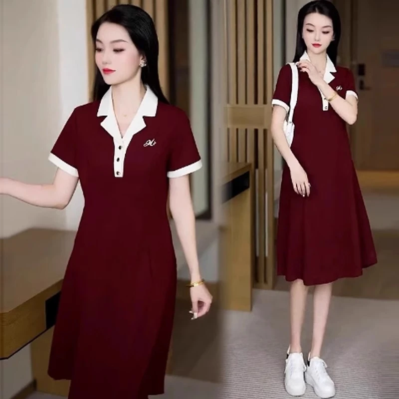 红色连衣裙女2025夏季新款时髦洋气收腰显瘦中长款休闲T恤裙子