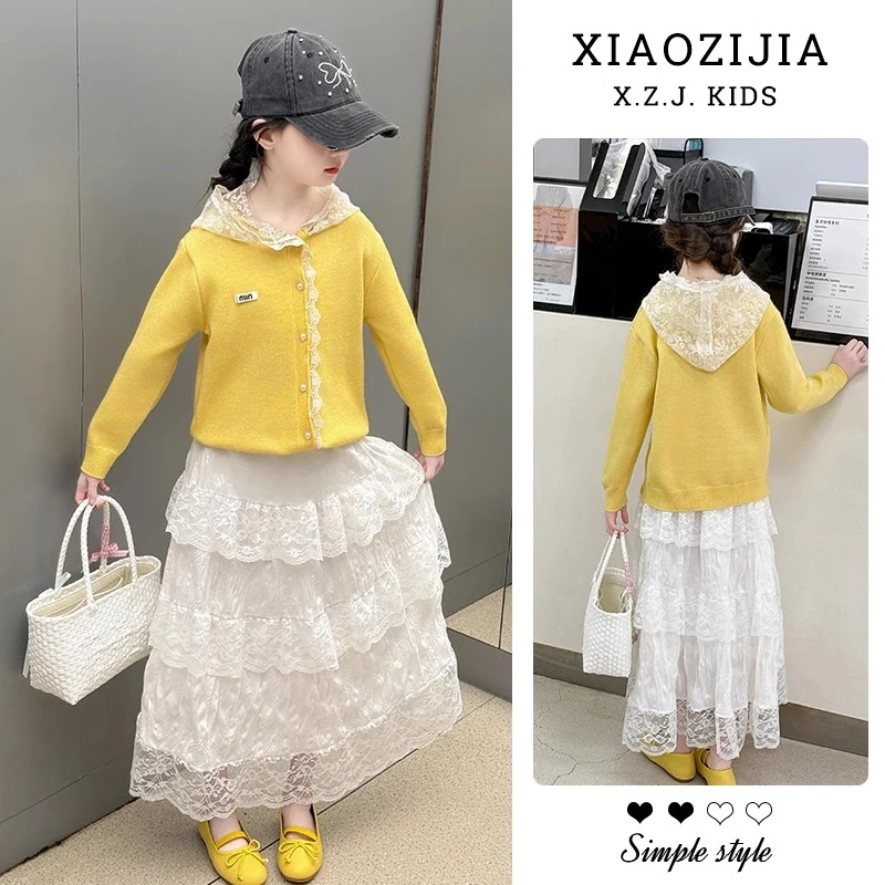 女童裙子套装春装2025新款儿童韩系穿搭针织开衫白色半身裙两件套