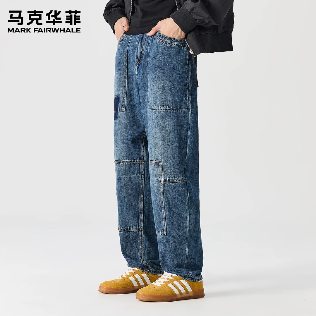 马克华菲秋季设计感工装牛仔裤男美式复古美式白色宽松直筒牛仔裤