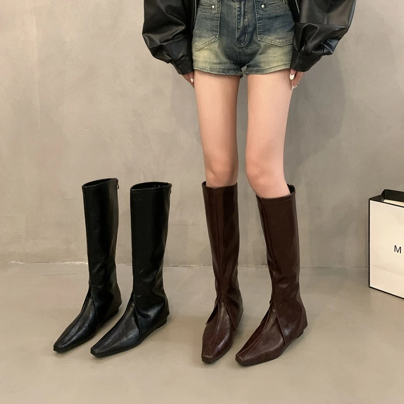 内增高尖头棕色美拉德长靴女鞋2025新款春秋季黑色瘦瘦直筒单靴子