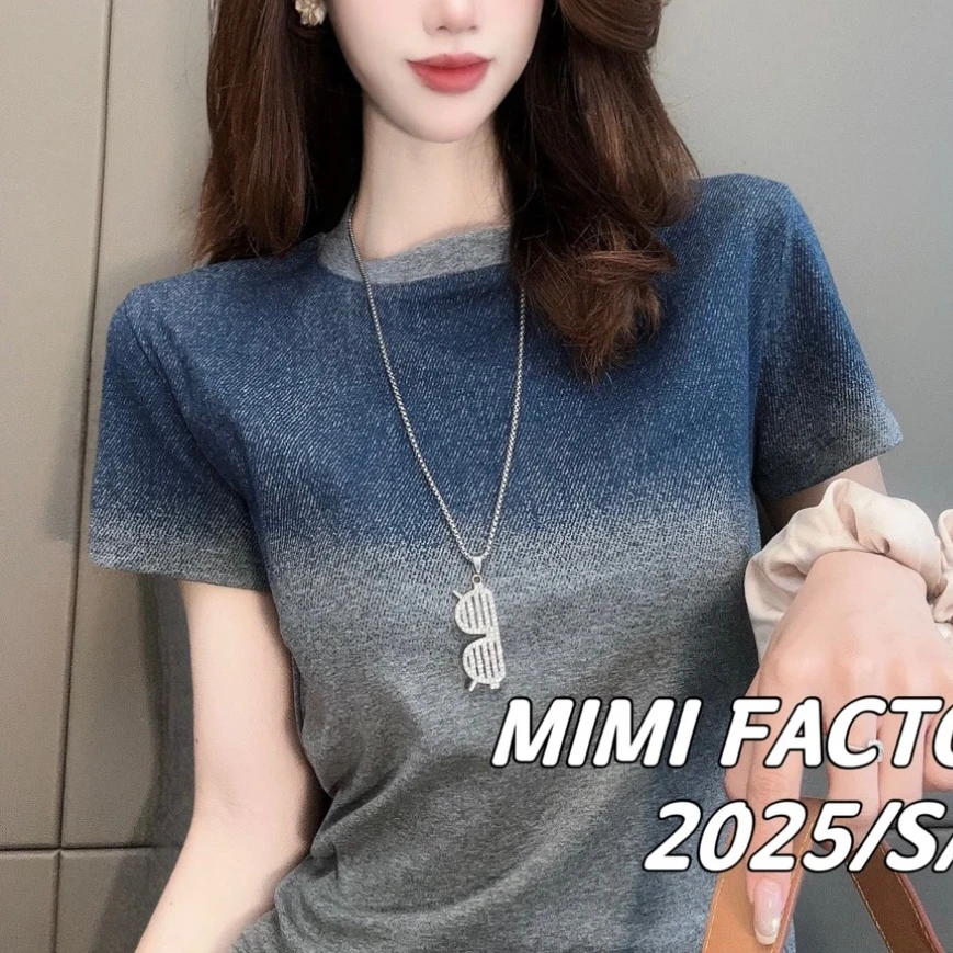 2025新款短袖 欧货渐变撞色时尚短袖T恤女显瘦百搭上衣2052