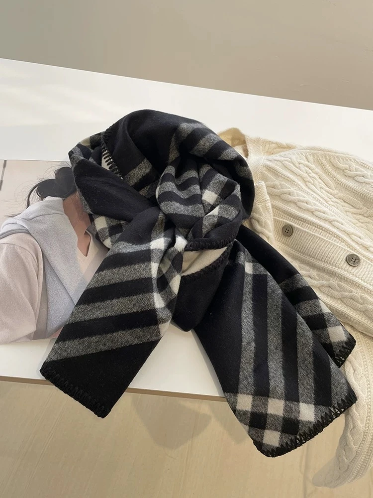 XL-641秋冬经典英伦风双面长款黑白格子围巾