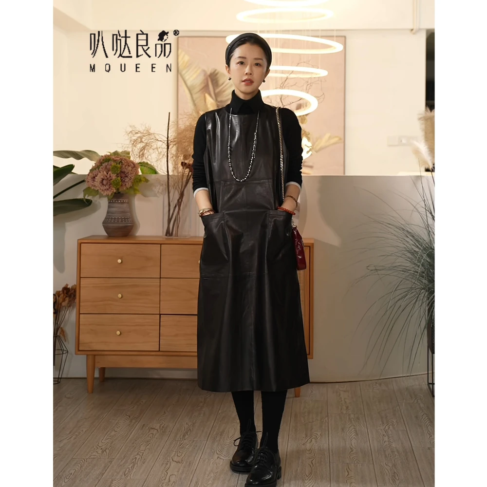 【叭哒不惑】交响曲 羊皮无袖连衣裙长款女气质显瘦直筒高级感皮裙