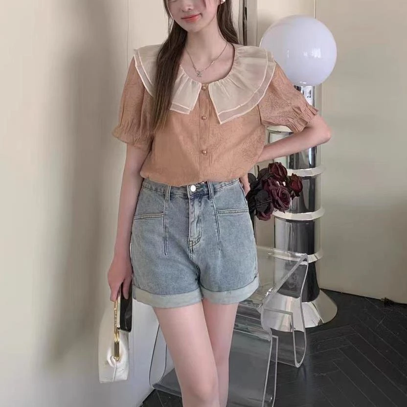 2602娃娃领蕾丝拼接小衫短袖上衣时尚百搭夏季女