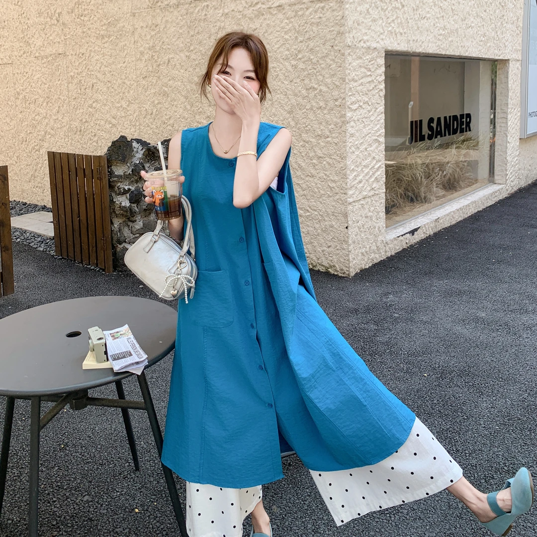 蓝色背心裙波点阔腿裤套装2025夏季新款女穿搭时髦松弛感两件套